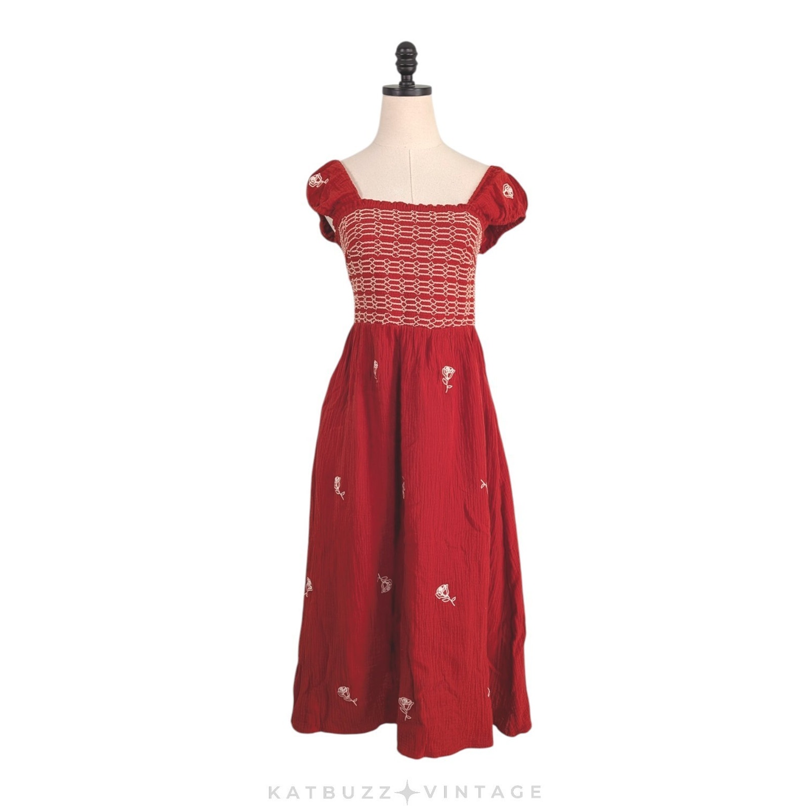 Entro Smocked Midi Dress M Orange Floral Embroidered Boho Gauze Milkmaid Cream